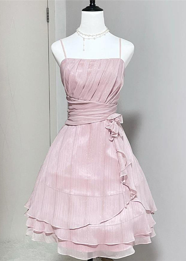 Silk Dress Waist Strap Wrinkled Spaghetti High Elegant Pink