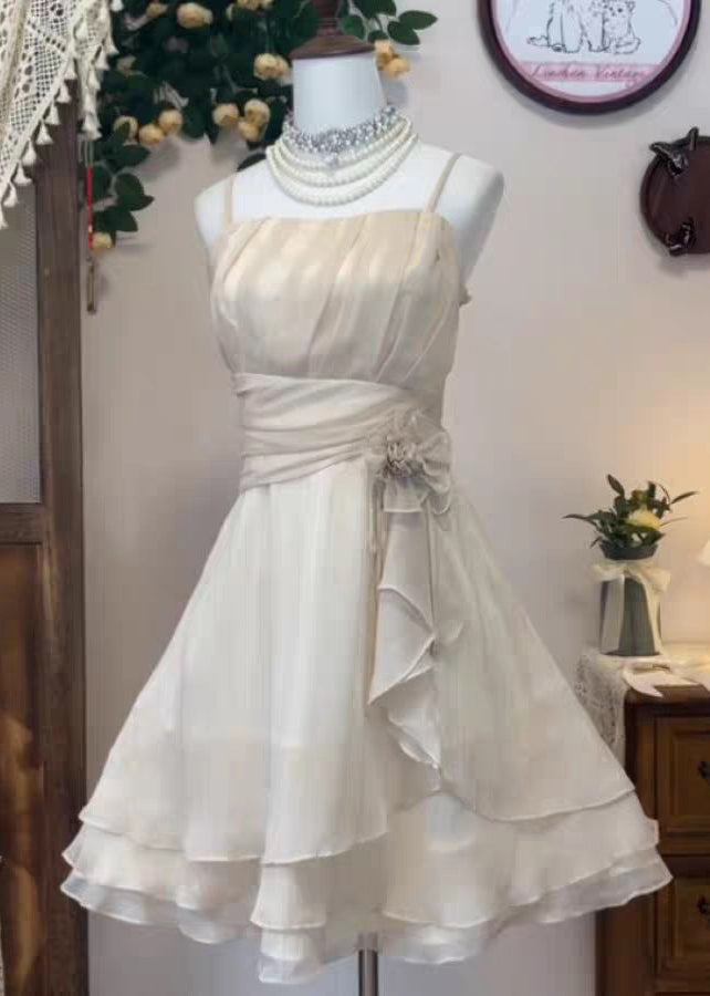 Silk Dress Waist Strap Wrinkled Spaghetti High Elegant Pink