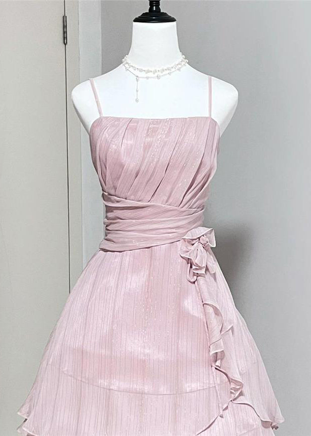 Silk Dress Waist Strap Wrinkled Spaghetti High Elegant Pink