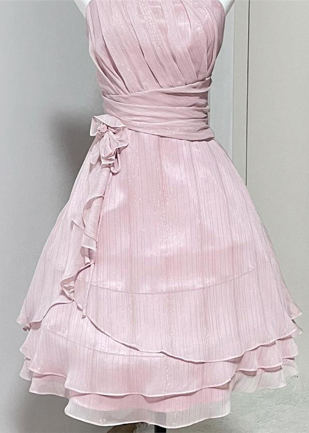 Waist Strap Elegant Wrinkled Silk Pink Spaghetti Dress High