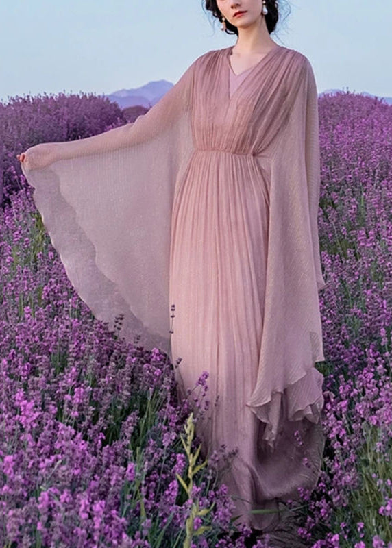 Elegant Long Wrinkled Pink Solid Silk Dress Batwing Sleeve