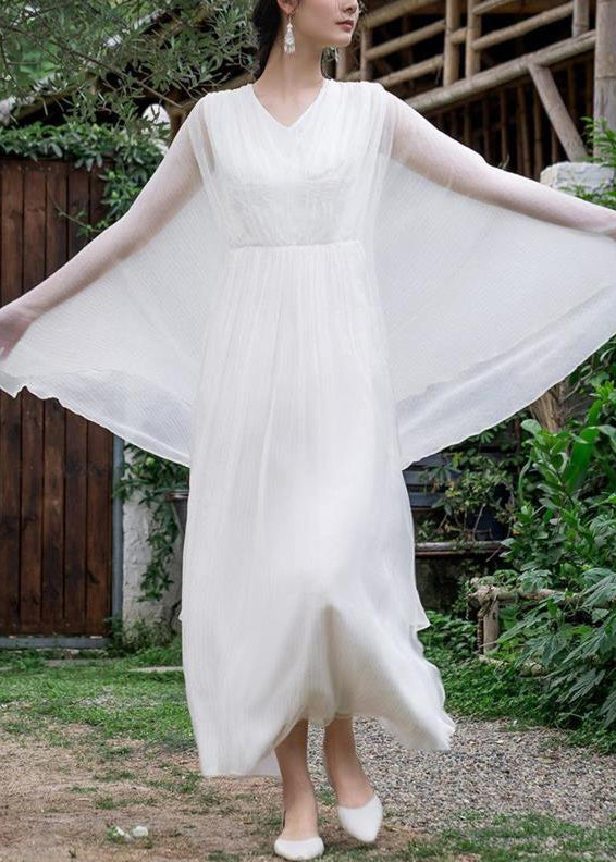 Elegant Long Wrinkled Pink Solid Silk Dress Batwing Sleeve