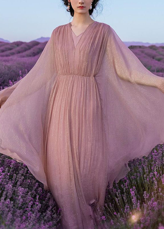 Elegant Long Wrinkled Pink Solid Silk Dress Batwing Sleeve