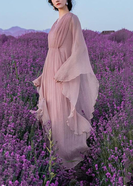 Elegant Long Wrinkled Pink Solid Silk Dress Batwing Sleeve