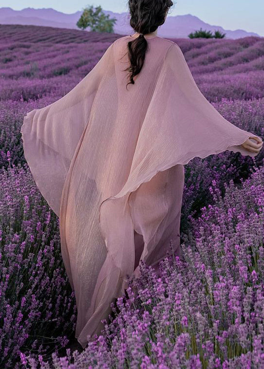 Elegant Long Wrinkled Pink Solid Silk Dress Batwing Sleeve