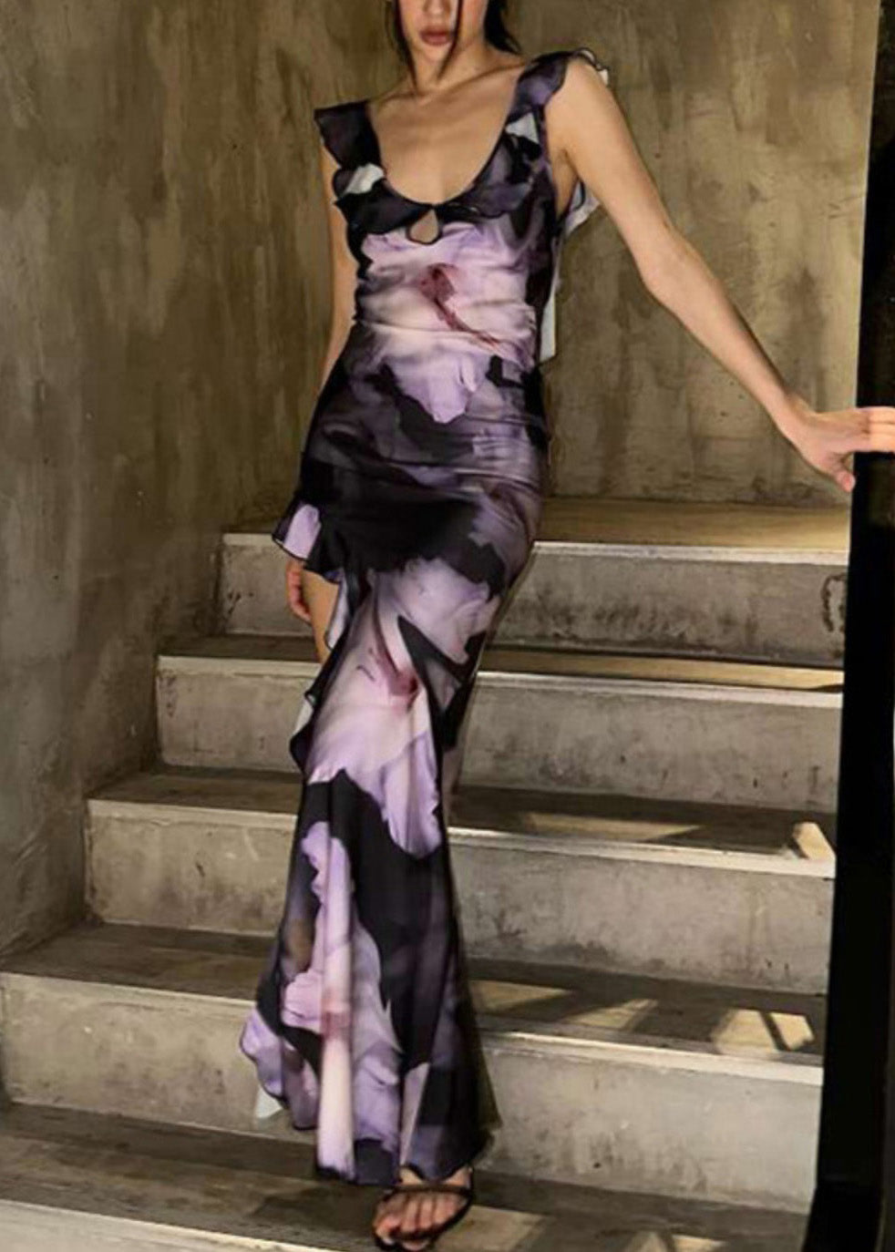 Cotton Summer Dress Asymmetrical Purple Ruffled Elegant Print