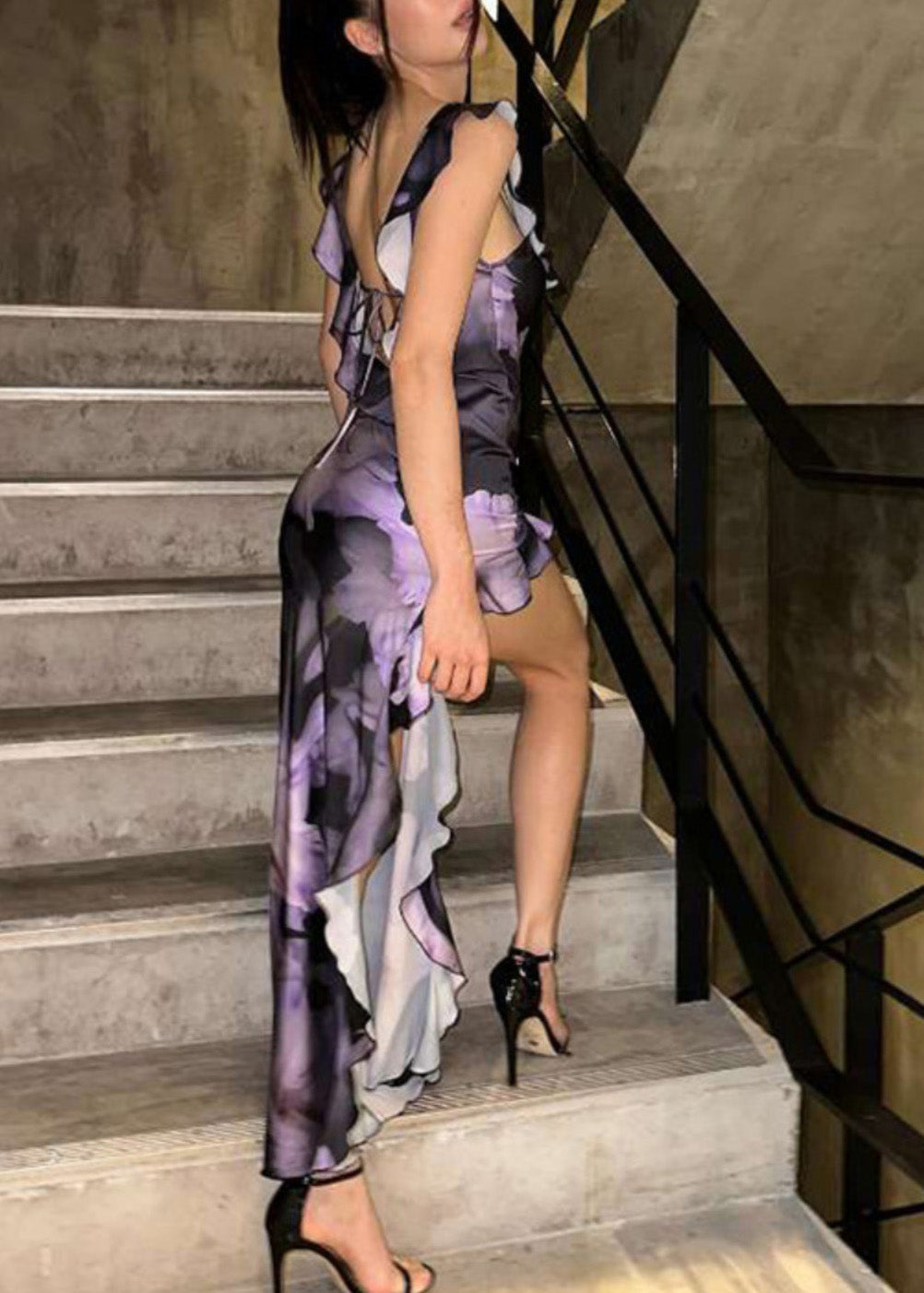 Cotton Summer Dress Asymmetrical Purple Ruffled Elegant Print