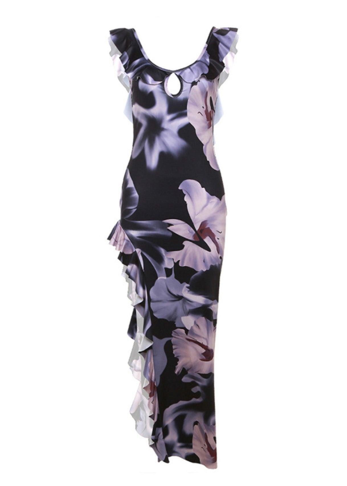 Cotton Summer Dress Asymmetrical Purple Ruffled Elegant Print