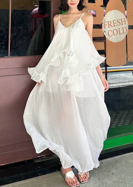 Ruffled Patchwork Elegant Strap White Dress Cotton Spaghetti