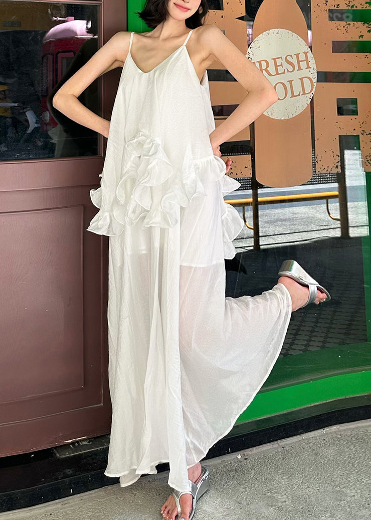 Ruffled Patchwork Elegant Strap White Dress Cotton Spaghetti