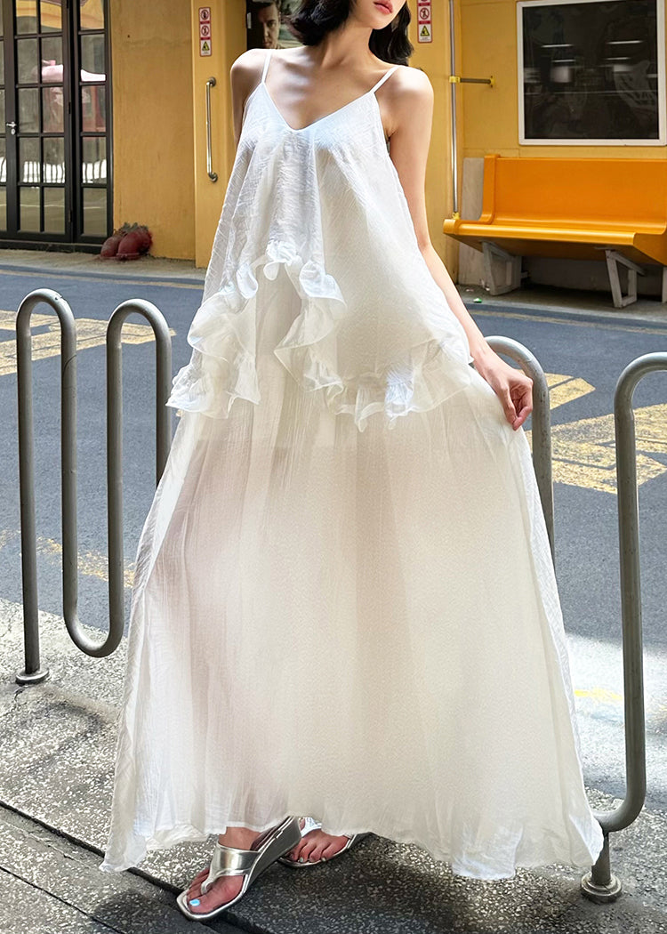 Ruffled Patchwork Elegant Strap White Dress Cotton Spaghetti