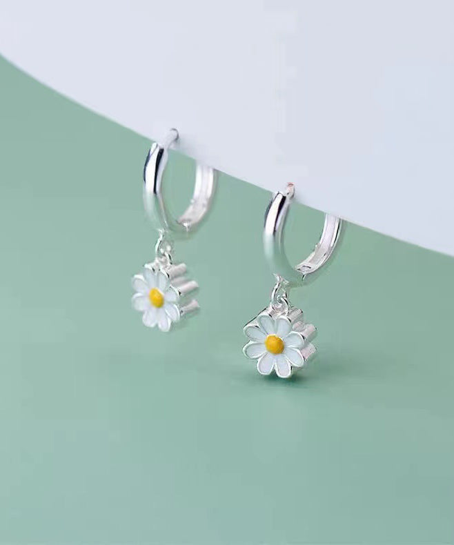 Chrysanthemum Hoop Earrings Elegant Silver Sterling White