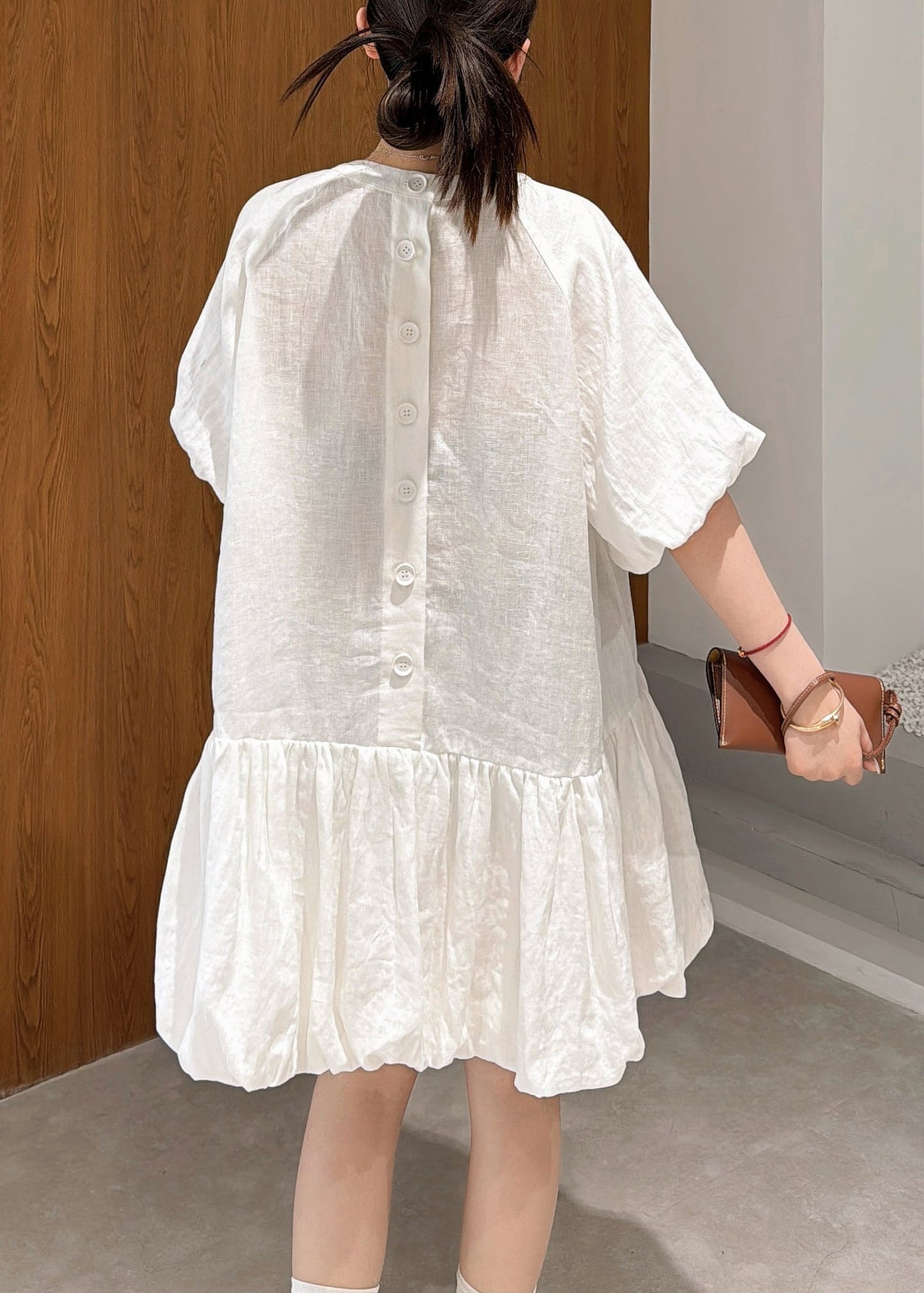 Wrinkled Mid Sleeve Elegant Linen Puff White Dress Solid