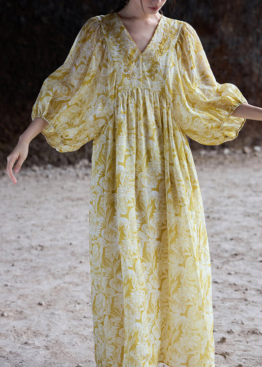 Sleeve V Embroidered Neck Yellow Elegant Dresses Batwing Linen
