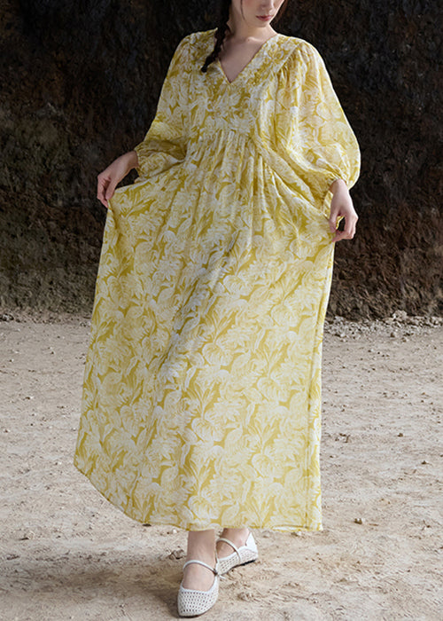 Sleeve V Embroidered Neck Yellow Elegant Dresses Batwing Linen