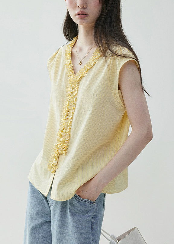 Yellow Summer Elegant Neck Shirt V Ruffled Cotton