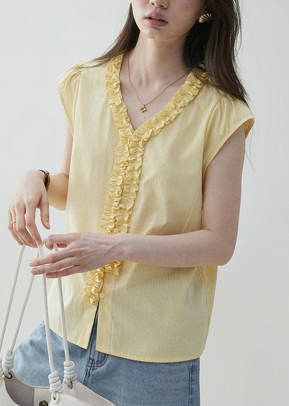 Yellow Summer Elegant Neck Shirt V Ruffled Cotton
