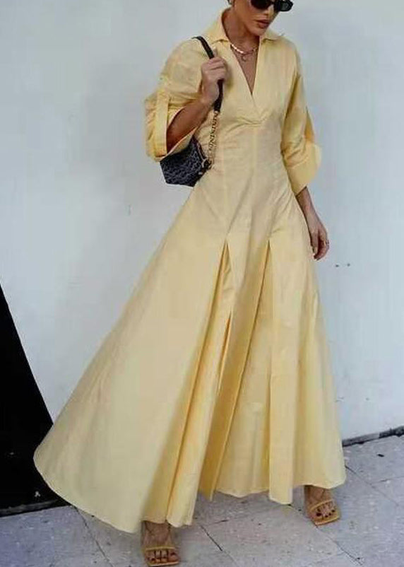 Elegant Dress V Cotton Half Solid Neck Zippered Shirts Yellow