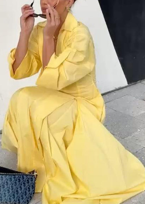 Elegant Dress V Cotton Half Solid Neck Zippered Shirts Yellow