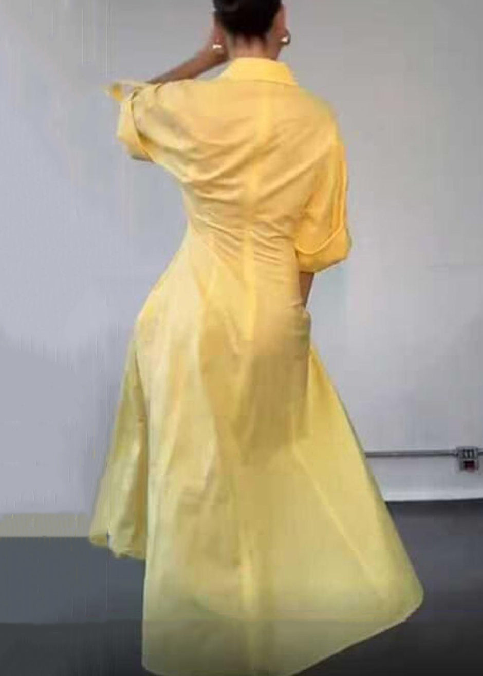 Elegant Dress V Cotton Half Solid Neck Zippered Shirts Yellow