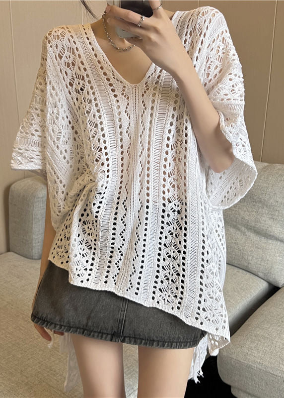 High Low Design Knit Ice Black Summer Neck Silk Fashion V T Shirt