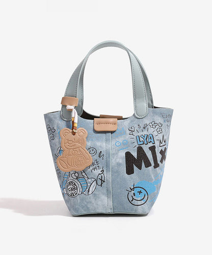 Denim Bucket Blue Print Fashion Patchwork Bag