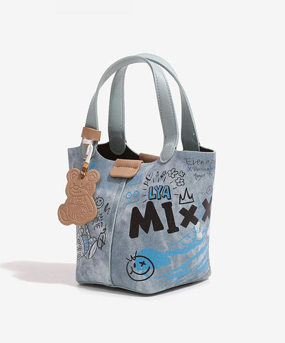 Denim Bucket Blue Print Fashion Patchwork Bag