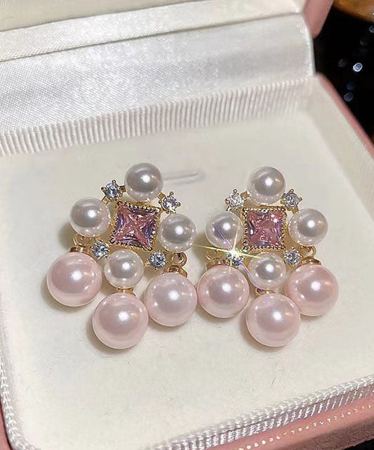 Pearl Fashion Out Earrings Alloy Light Pink Zircon Hollow Stud