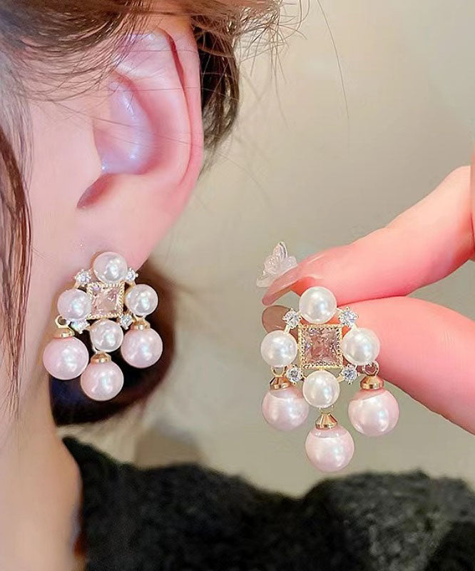 Pearl Fashion Out Earrings Alloy Light Pink Zircon Hollow Stud