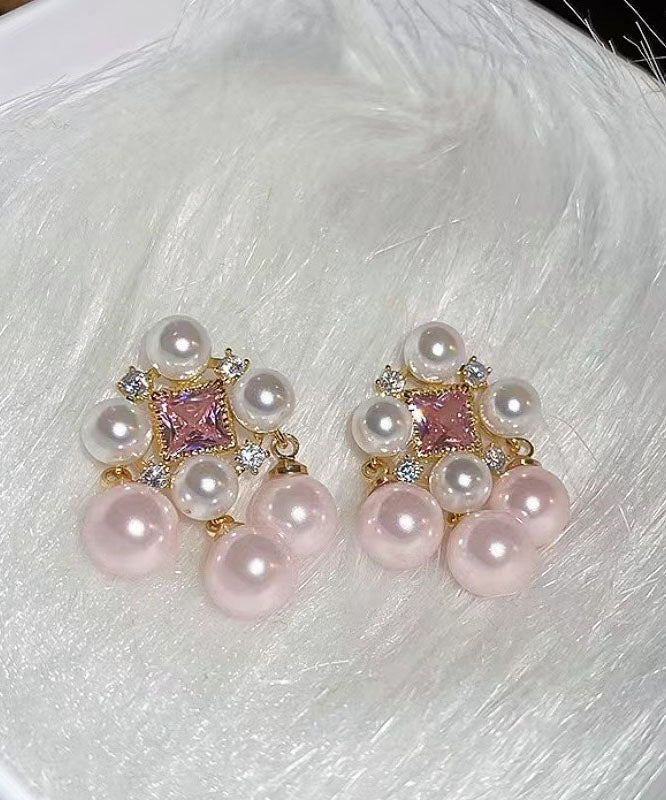 Pearl Fashion Out Earrings Alloy Light Pink Zircon Hollow Stud