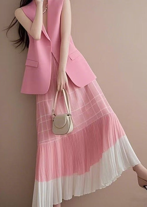 Waistcoat Fashion Pieces Two Neck Wrinkled Pink V Set Skirts And
