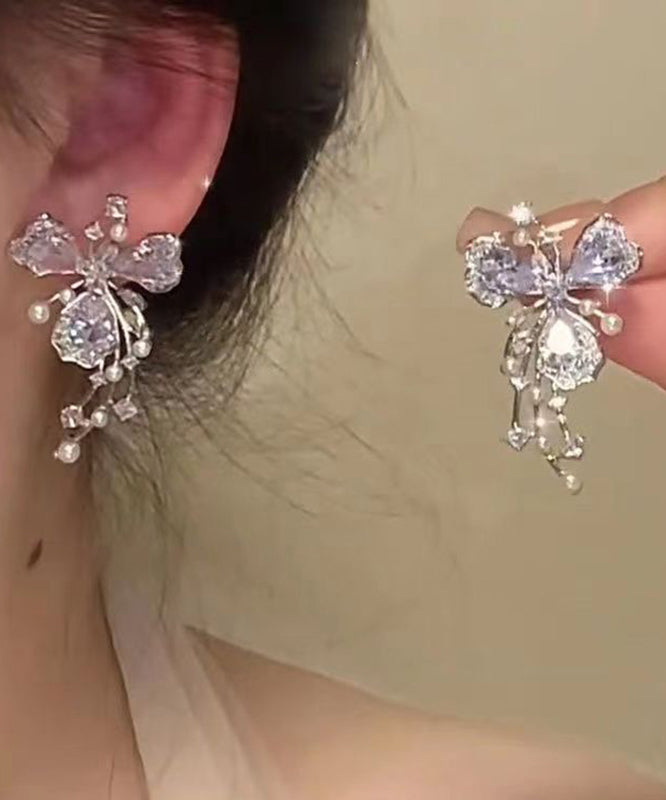 Copper Silk Fashion Pearl Stud Floral Earrings Zircon