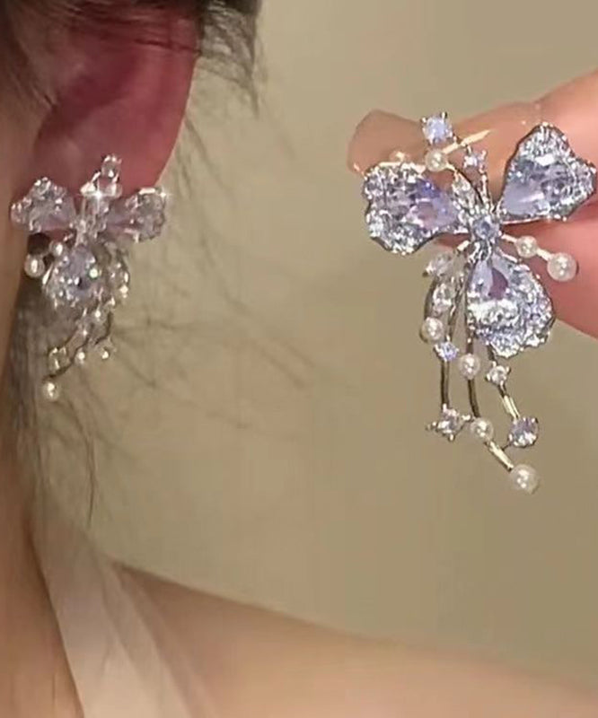 Copper Silk Fashion Pearl Stud Floral Earrings Zircon