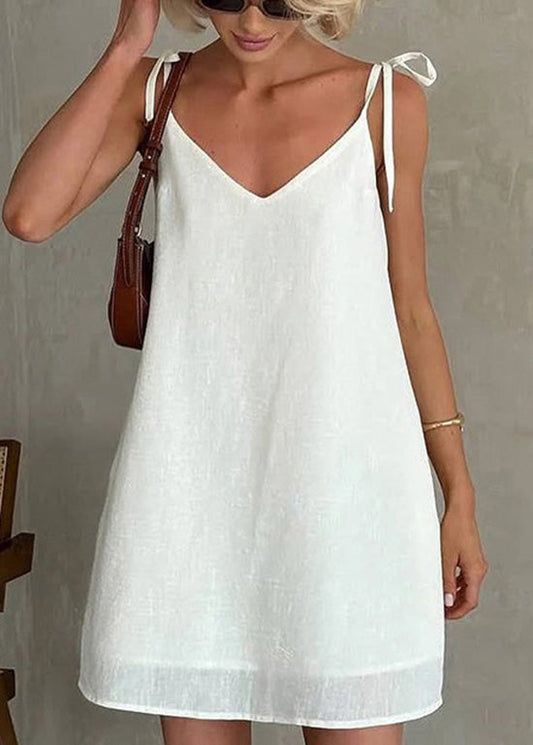 Fashion Dresses White Mini Cotton Summer Lace Backless Up