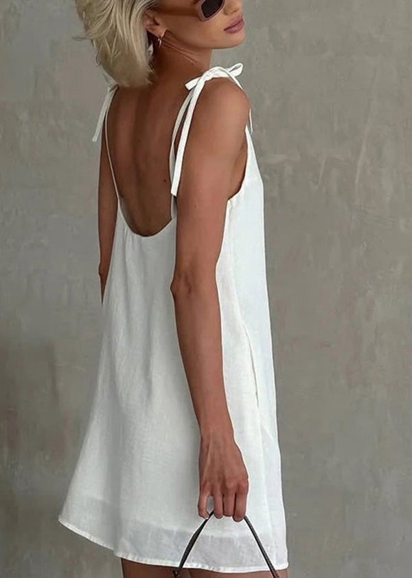 Fashion Dresses White Mini Cotton Summer Lace Backless Up