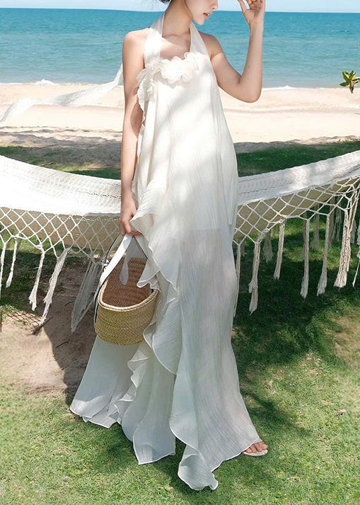 Fashion Cotton Ruffled Patchwork Asymmetrical White Dresses