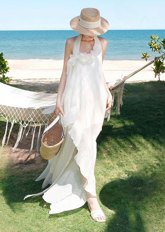 Fashion Cotton Ruffled Patchwork Asymmetrical White Dresses