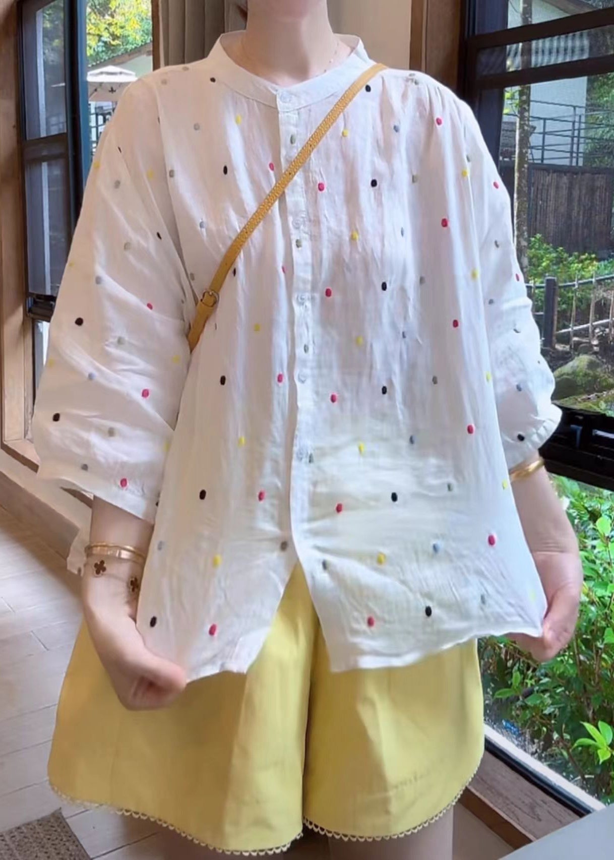 Sleeve Collar White Bracelet Fashion Print Cotton Stand Shirt