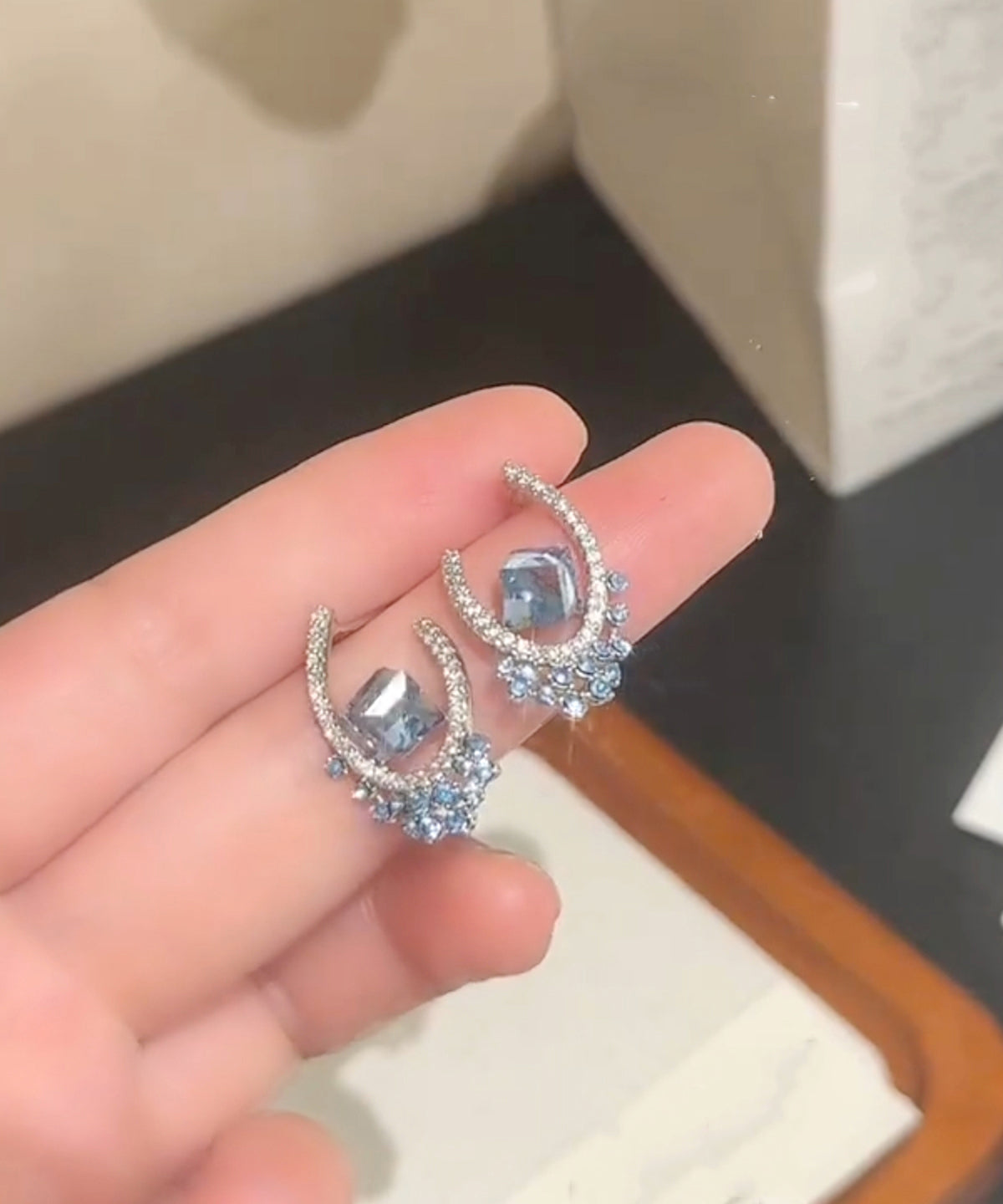 Blue Crystal Earrings Copper Zircon Stud Fine