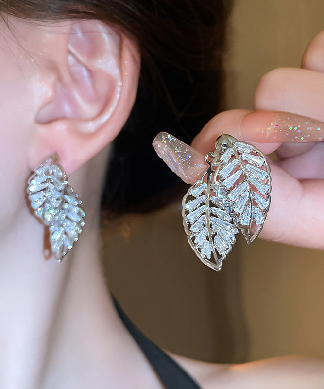 Hollow Leaf Copper Zircon Out Gold Stud Earrings Fine