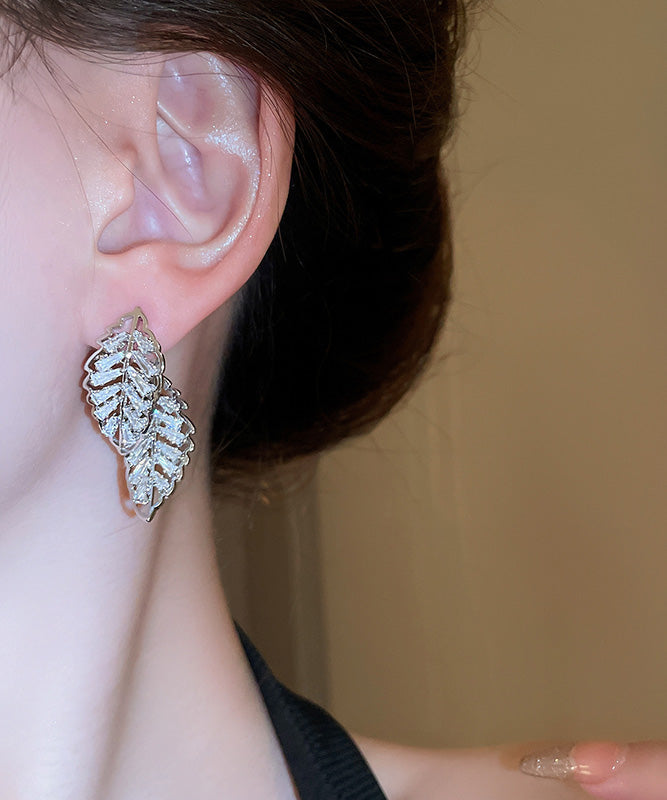 Hollow Leaf Copper Zircon Out Gold Stud Earrings Fine