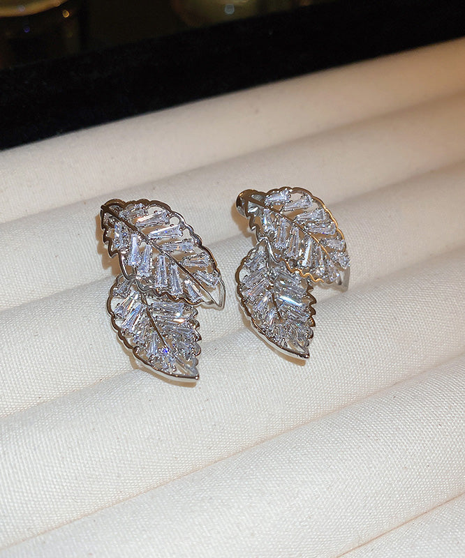 Hollow Leaf Copper Zircon Out Gold Stud Earrings Fine