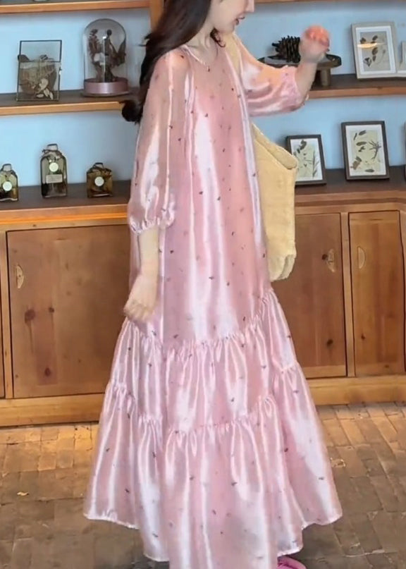 O-Neck Dress Fine Sleeve Print Pink Long Bracelet Silk