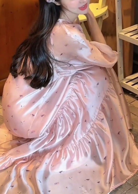 O-Neck Dress Fine Sleeve Print Pink Long Bracelet Silk