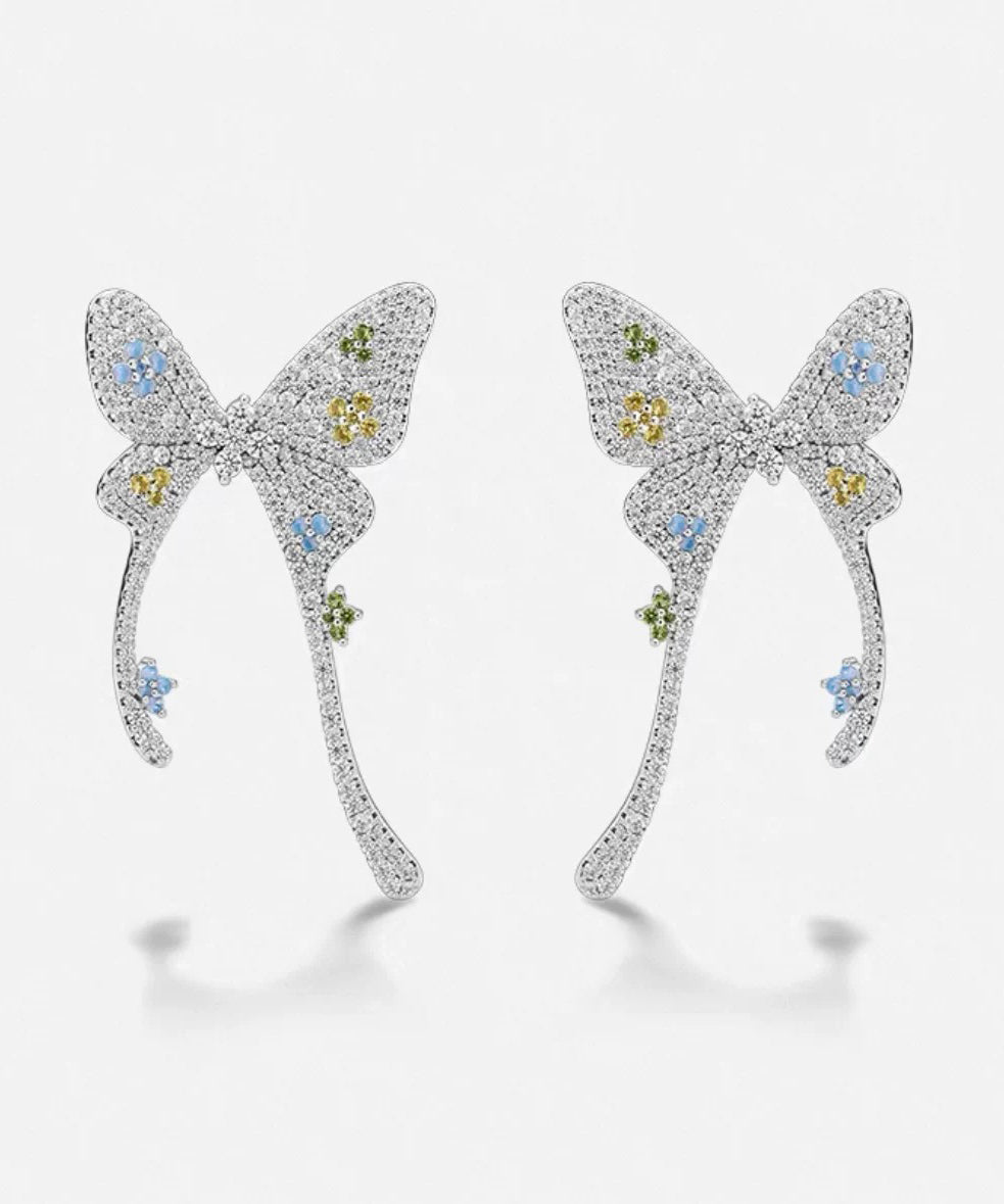 Stud Earrings Butterfly Silk Overgold Copper Zircon Fine