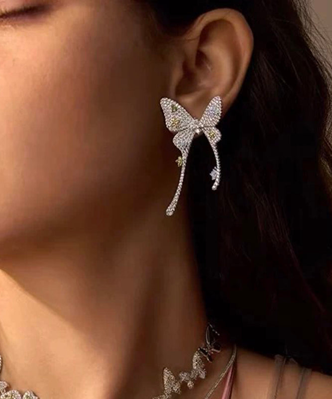 Stud Earrings Butterfly Silk Overgold Copper Zircon Fine