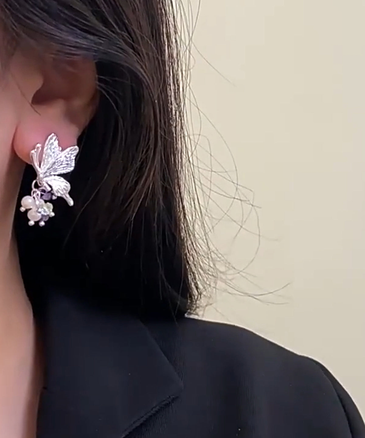 Silk Fine Tassel Earrings Sterling Stud Pearl Silver Butterfly