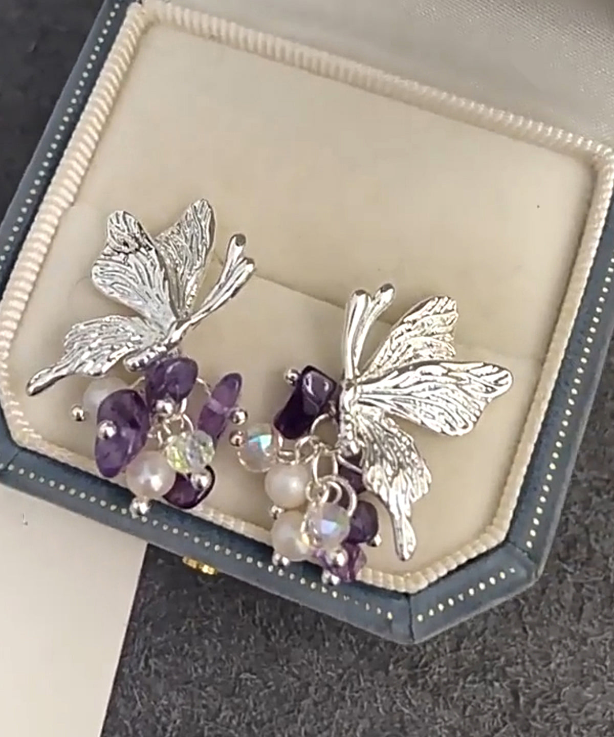 Silk Fine Tassel Earrings Sterling Stud Pearl Silver Butterfly