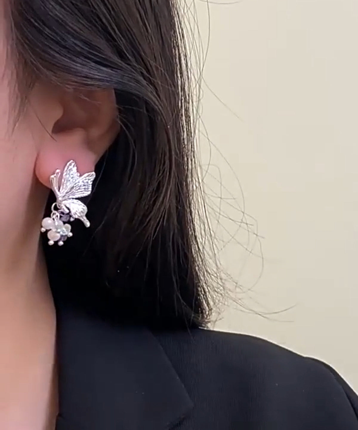 Silk Fine Tassel Earrings Sterling Stud Pearl Silver Butterfly