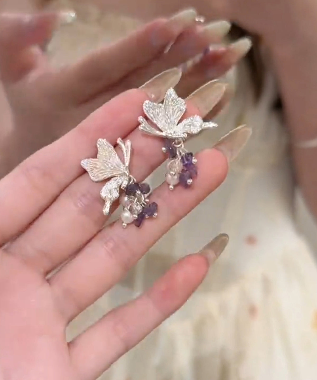 Silk Fine Tassel Earrings Sterling Stud Pearl Silver Butterfly